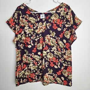 Cabi Womens Size M Floral V Neck‎ Blouse Polyester Purple Orange Fall Autumn